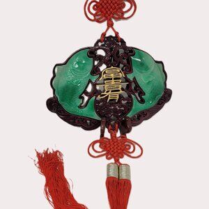 34" Vintage Asian Lucky Wall Hanging Koi Fish Faux Jade Wood Tassel Fu Symbol